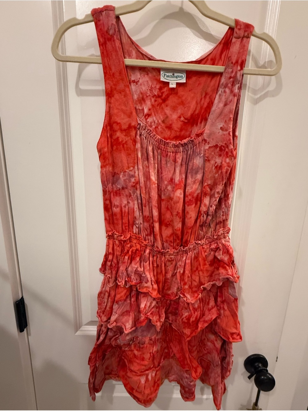 Patchington Coral Red Tie-Dye Ruffle Tank Dress